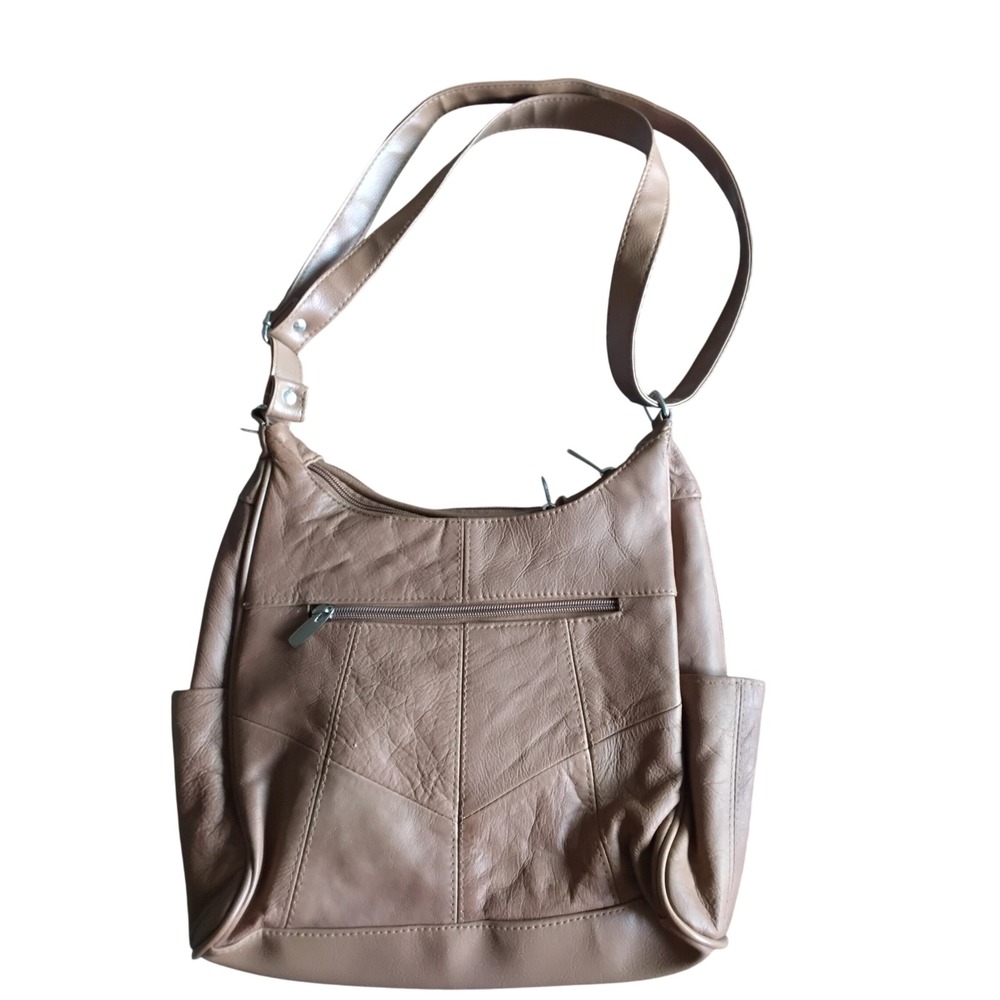 Genuine Cowhide Leather Shoulder Bag Tan Brown Multi Pocket Hobo Purse